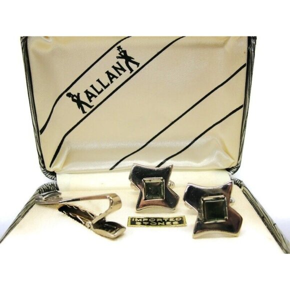 Kallani Vintage Peridot Cufflinks Set w Neck Tie Clip Silver Tone Formal IOB - Picture 8 of 11